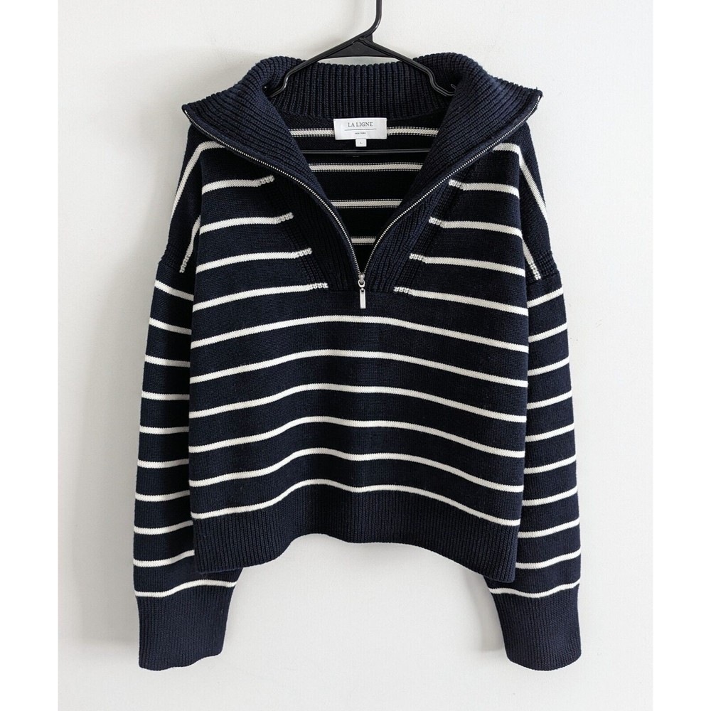 La Ligne Stripe Half-Zip Merino Wool Sweater Womens Sz Large Navy Blue Pullover